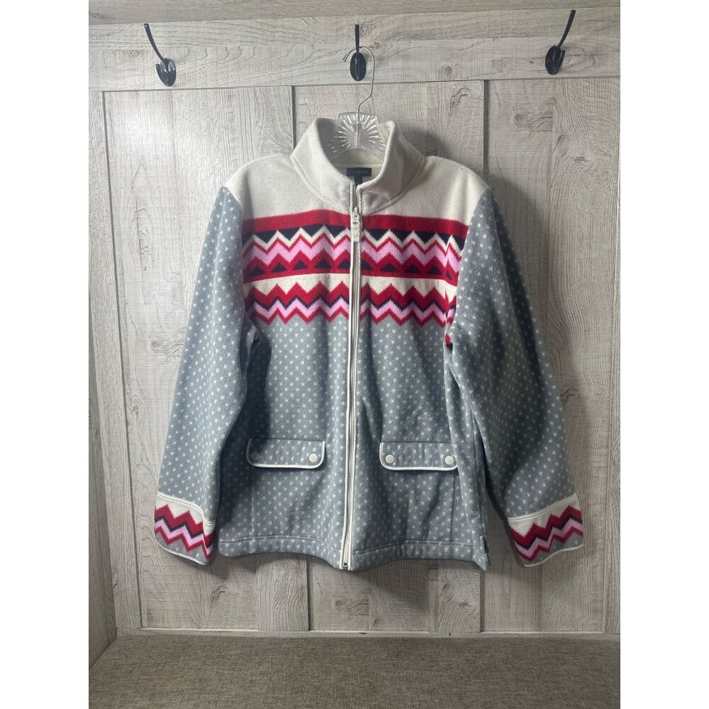 Talbots Womens Fleece Zip-Up Jacket Chevron Polka Dot Pattern Size L Gray Red